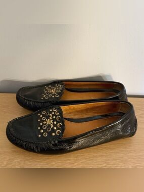 Prada Black Patent Leather Studded Slip On Loafers